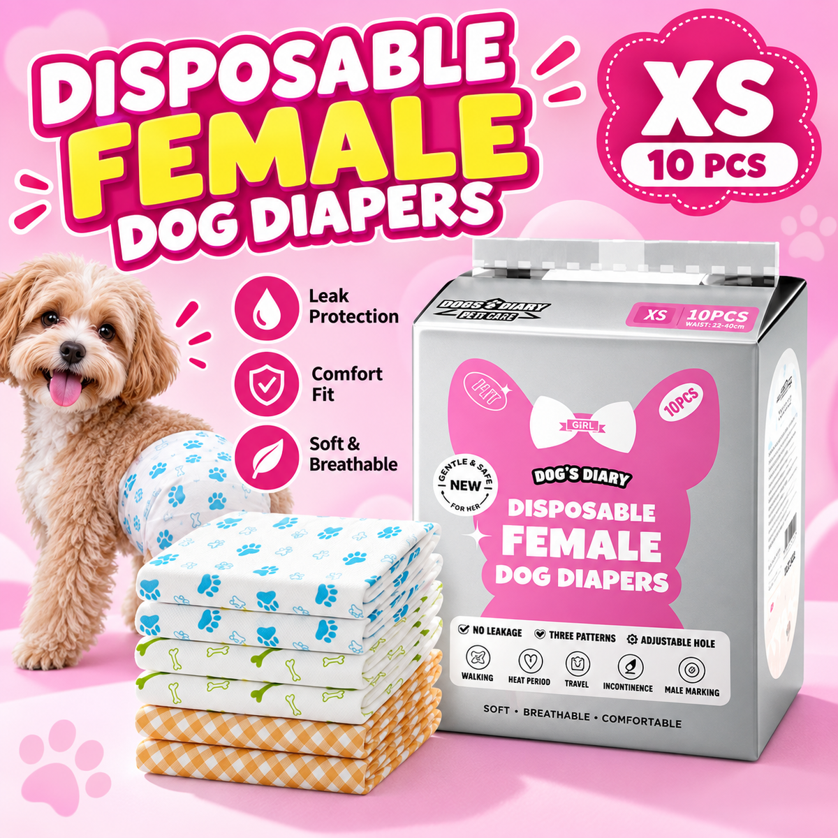 Disposable Female Dog Diapers – XS 10-Pack, Soft & Absorbent