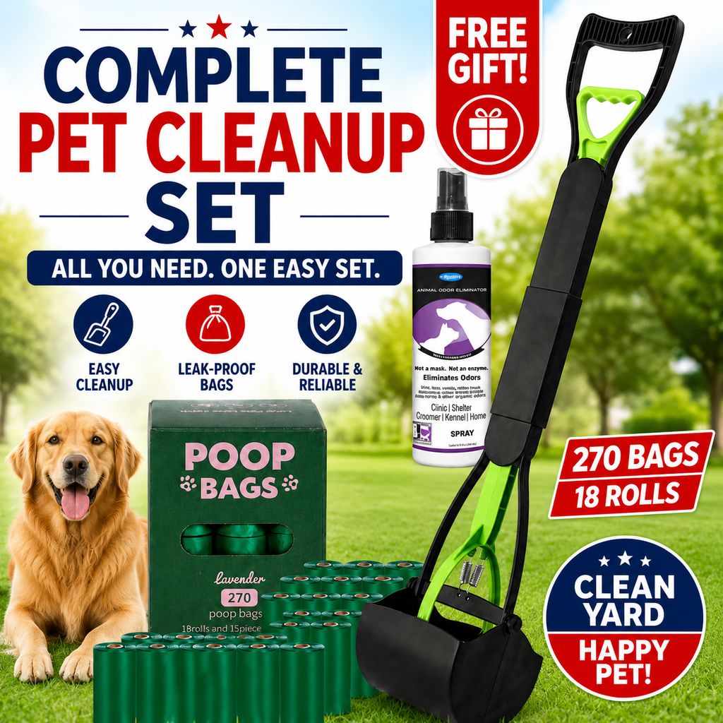 Long-Handle Pooper Scooper Kit with 270 Bags & Odor Spray