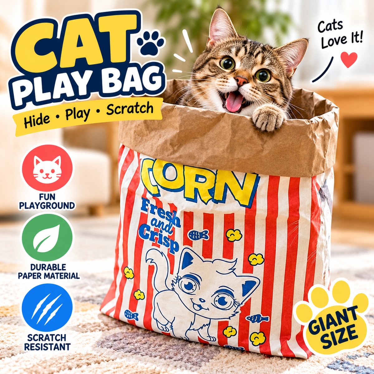 Popcorn-Style Kraft Paper Cat Play Bag for Hiding & Scratching