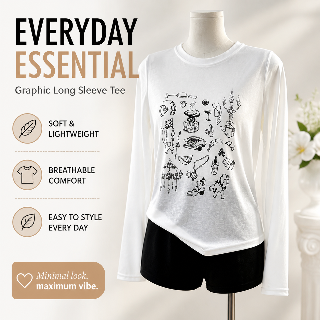 Women’s Soft Doodle Graphic Long Sleeve Tee | Lightweight Stretch Everyday Top