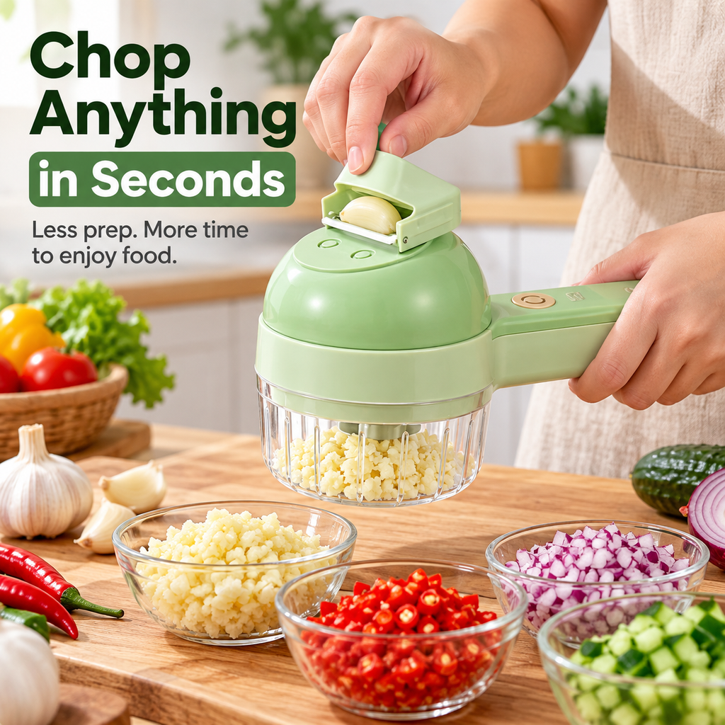4-in-1 Rechargeable Electric Food Chopper & Slicer | Cordless One-Touch Kitchen Prep Tool