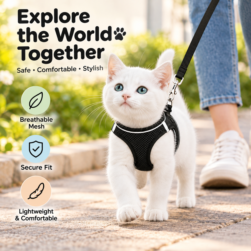 Breathable Mesh Cat Harness & Leash Set with Reflective Trim