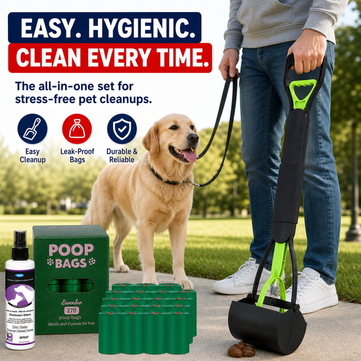 Long-Handle Pooper Scooper Kit with 270 Bags & Odor Spray