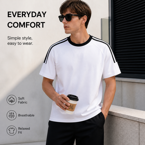 Men’s 100% Cotton Shoulder Stripe Tee | Soft Lightweight Casual T-Shirt