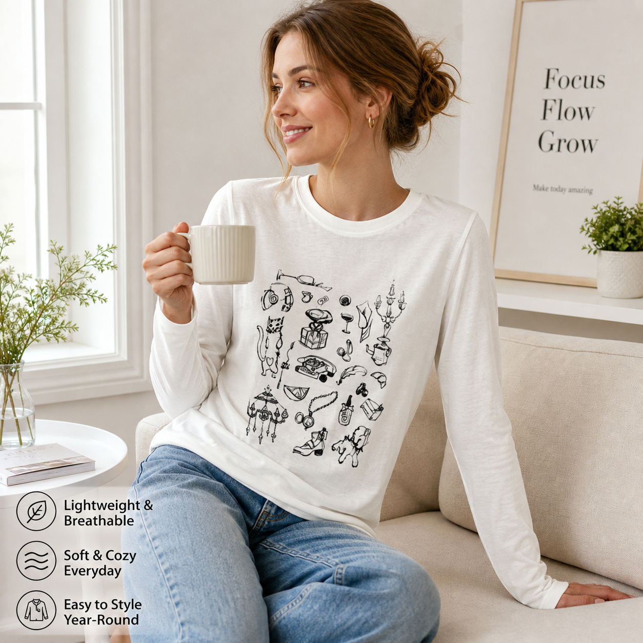 Women’s Soft Doodle Graphic Long Sleeve Tee | Lightweight Stretch Everyday Top