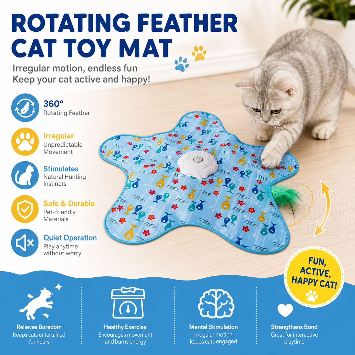 USB Rechargeable Cat Toy Mat with Random Rotating Feather
