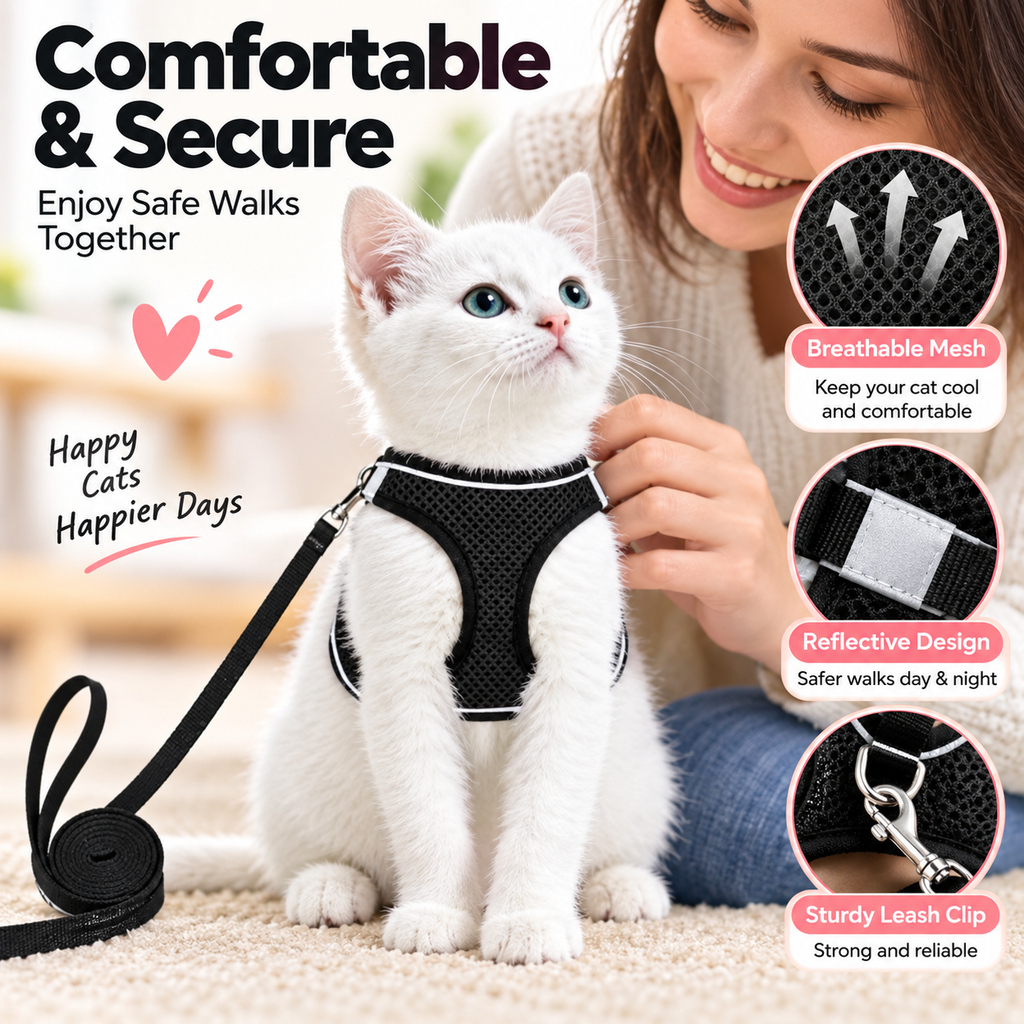 Breathable Mesh Cat Harness & Leash Set with Reflective Trim