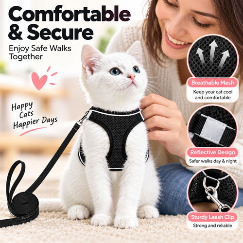 Breathable Mesh Cat Harness & Leash Set with Reflective Trim