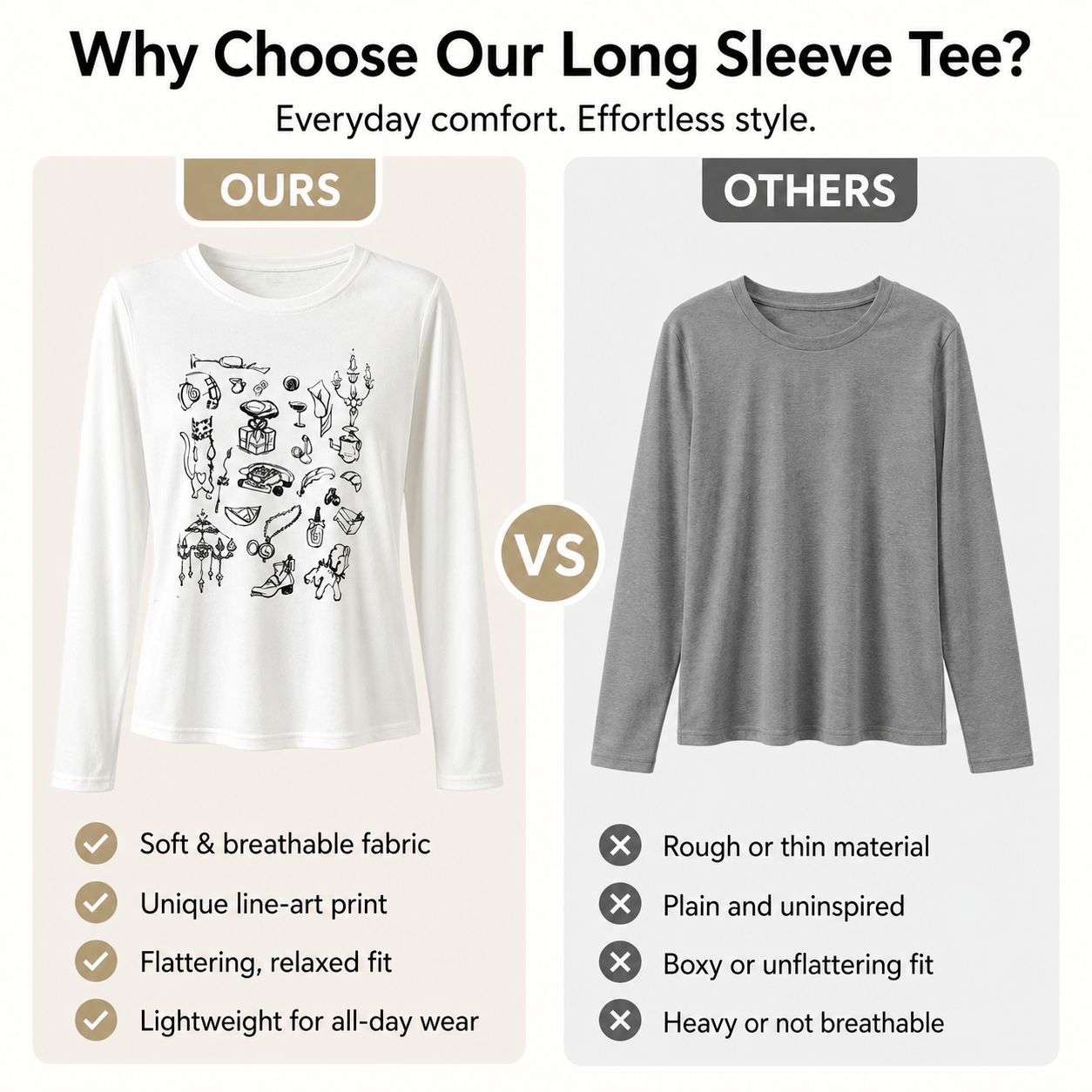 Women’s Soft Doodle Graphic Long Sleeve Tee | Lightweight Stretch Everyday Top