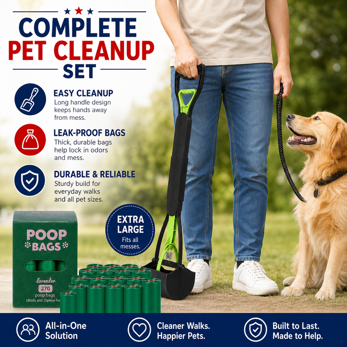 Long-Handle Pooper Scooper Kit with 270 Bags & Odor Spray