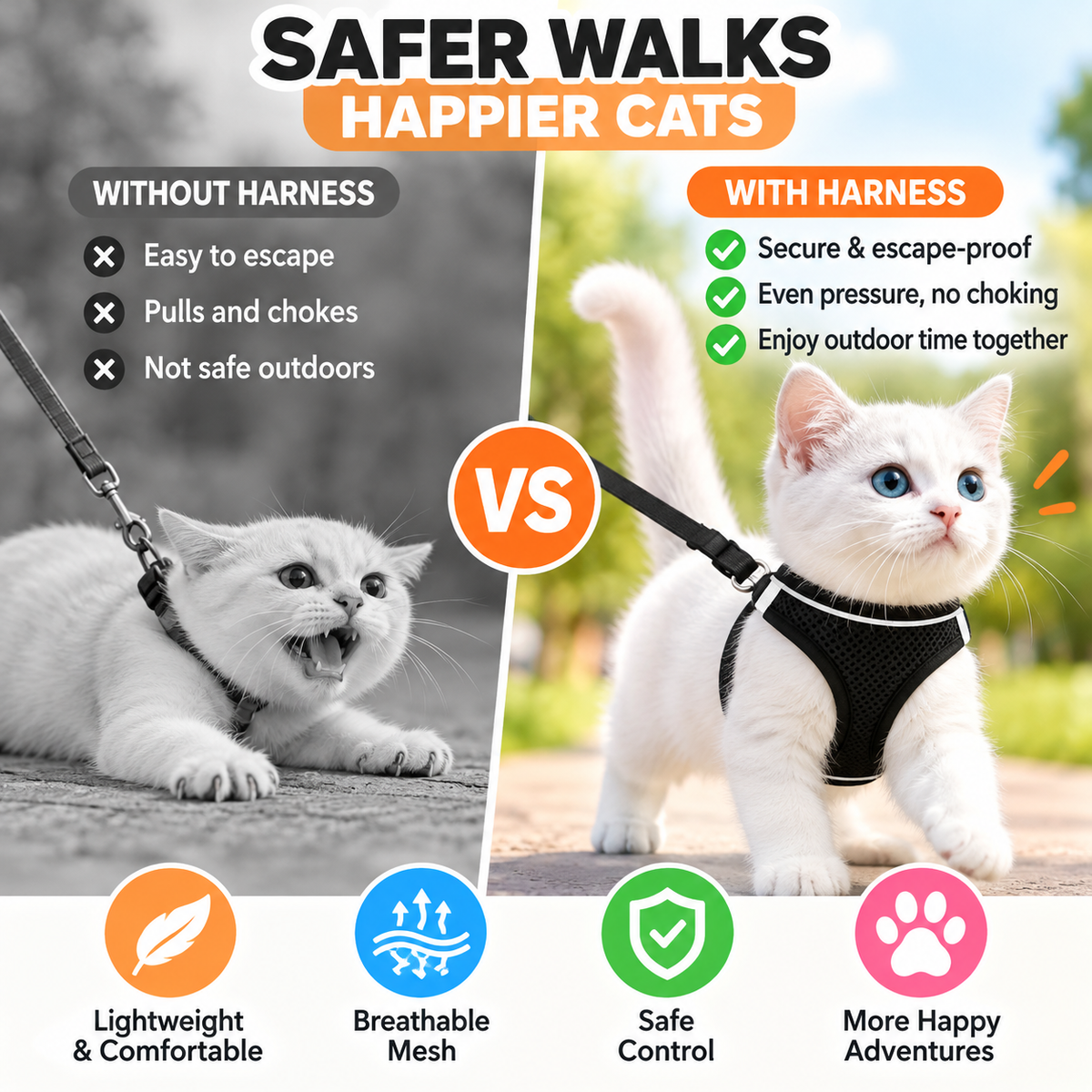 Breathable Mesh Cat Harness & Leash Set with Reflective Trim