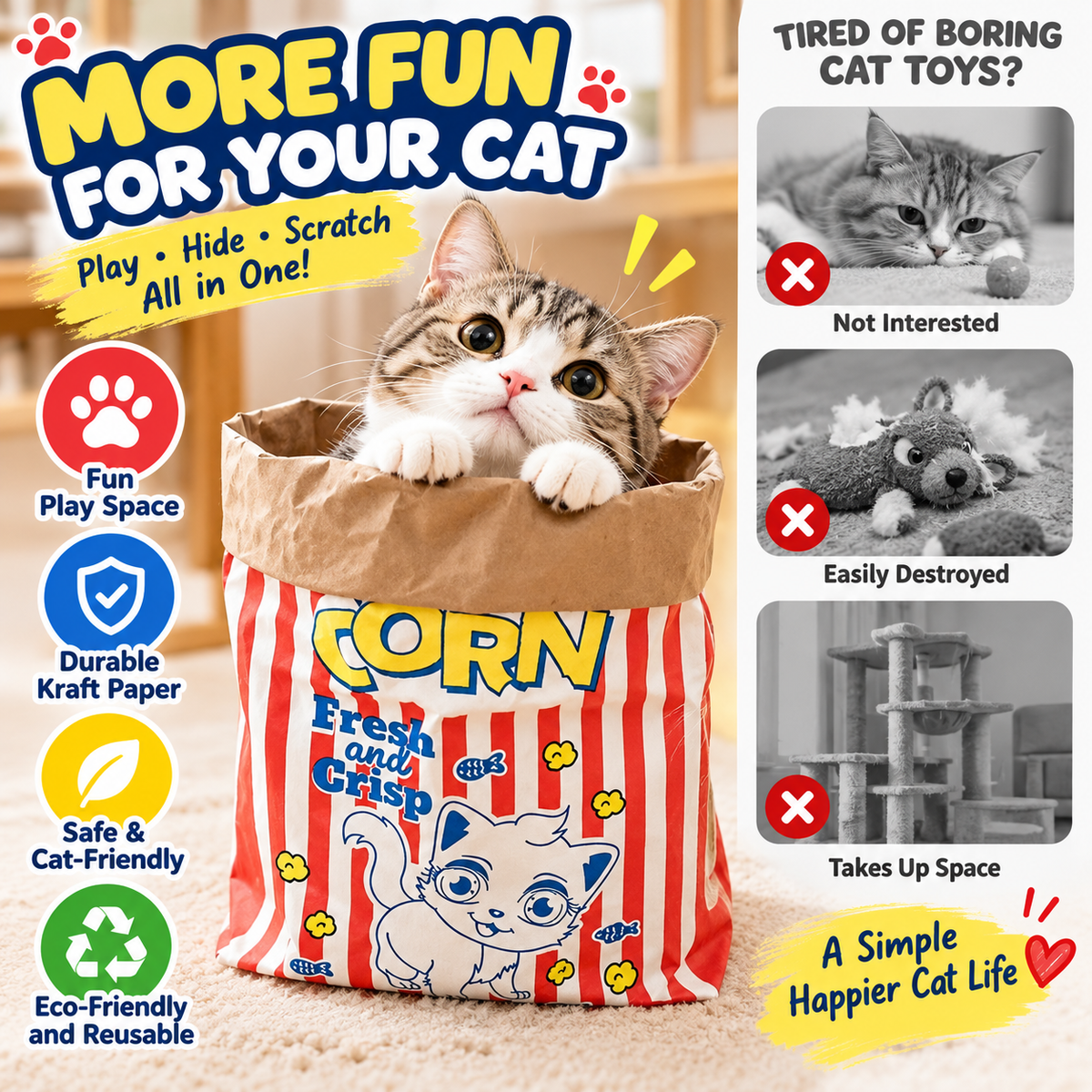 Popcorn-Style Kraft Paper Cat Play Bag for Hiding & Scratching