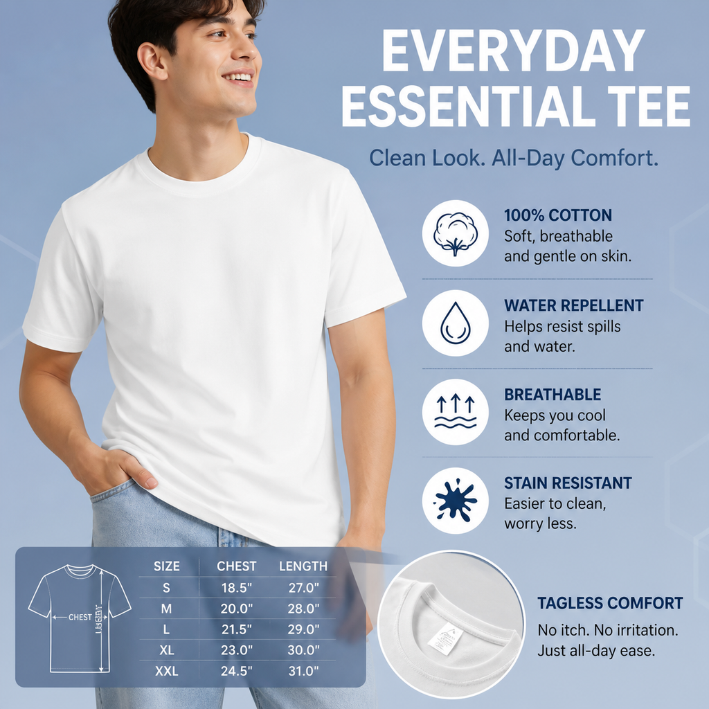 Everyday Performance Cotton Tee | Soft, Breathable & Water-Resistant T-Shirt