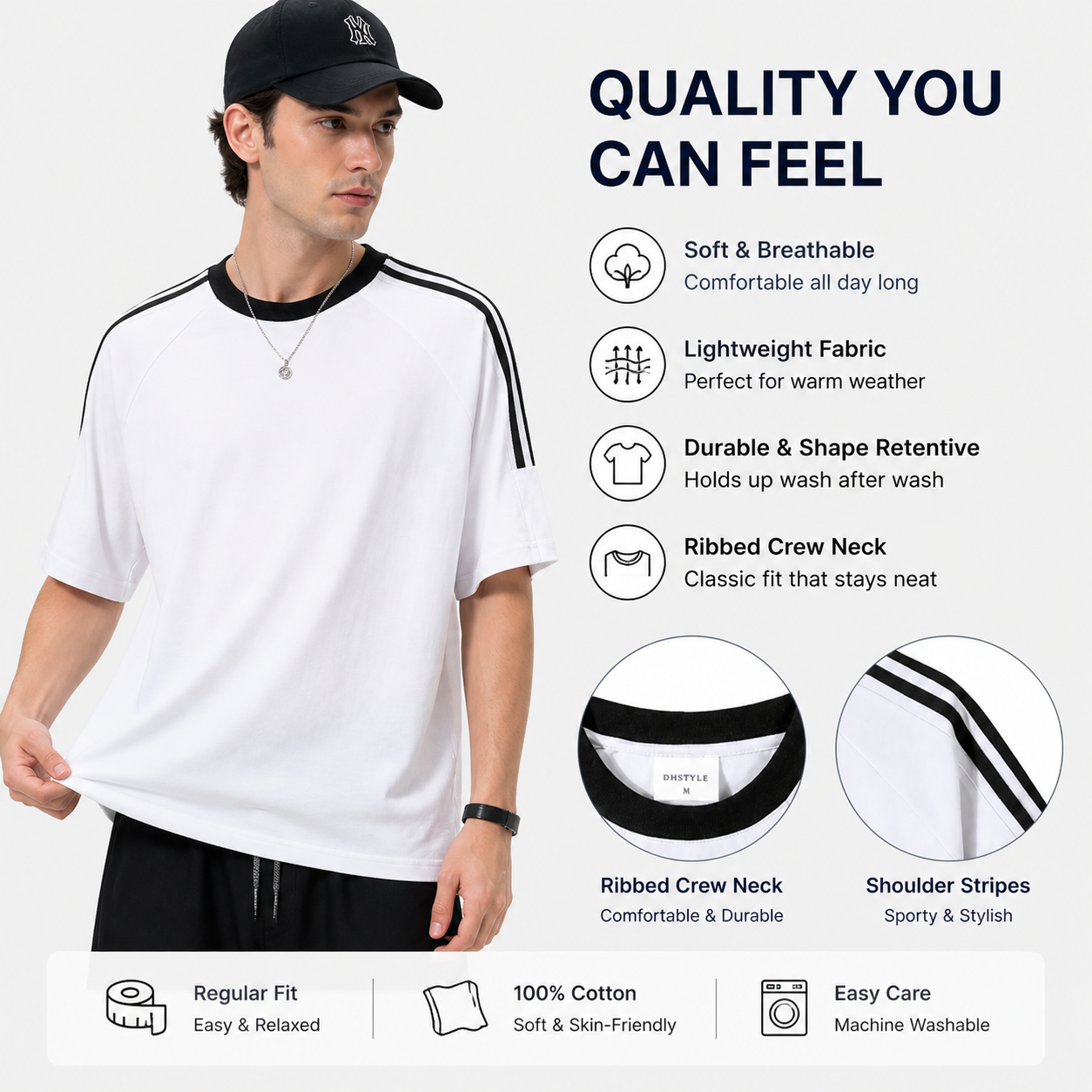 Men’s 100% Cotton Shoulder Stripe Tee | Soft Lightweight Casual T-Shirt