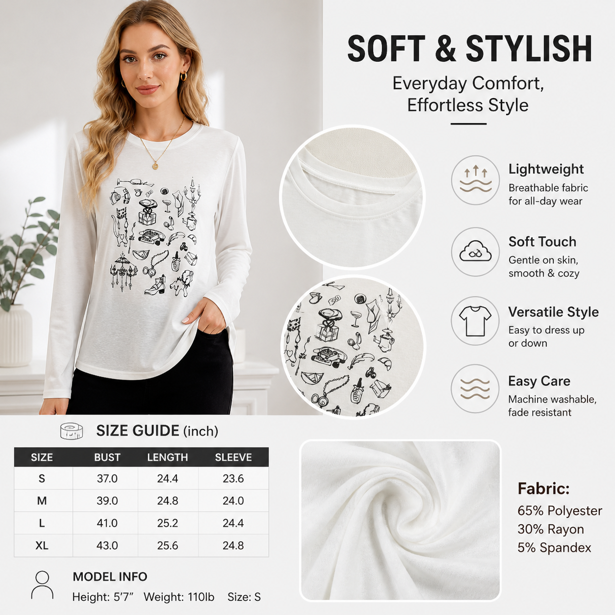 Women’s Soft Doodle Graphic Long Sleeve Tee | Lightweight Stretch Everyday Top