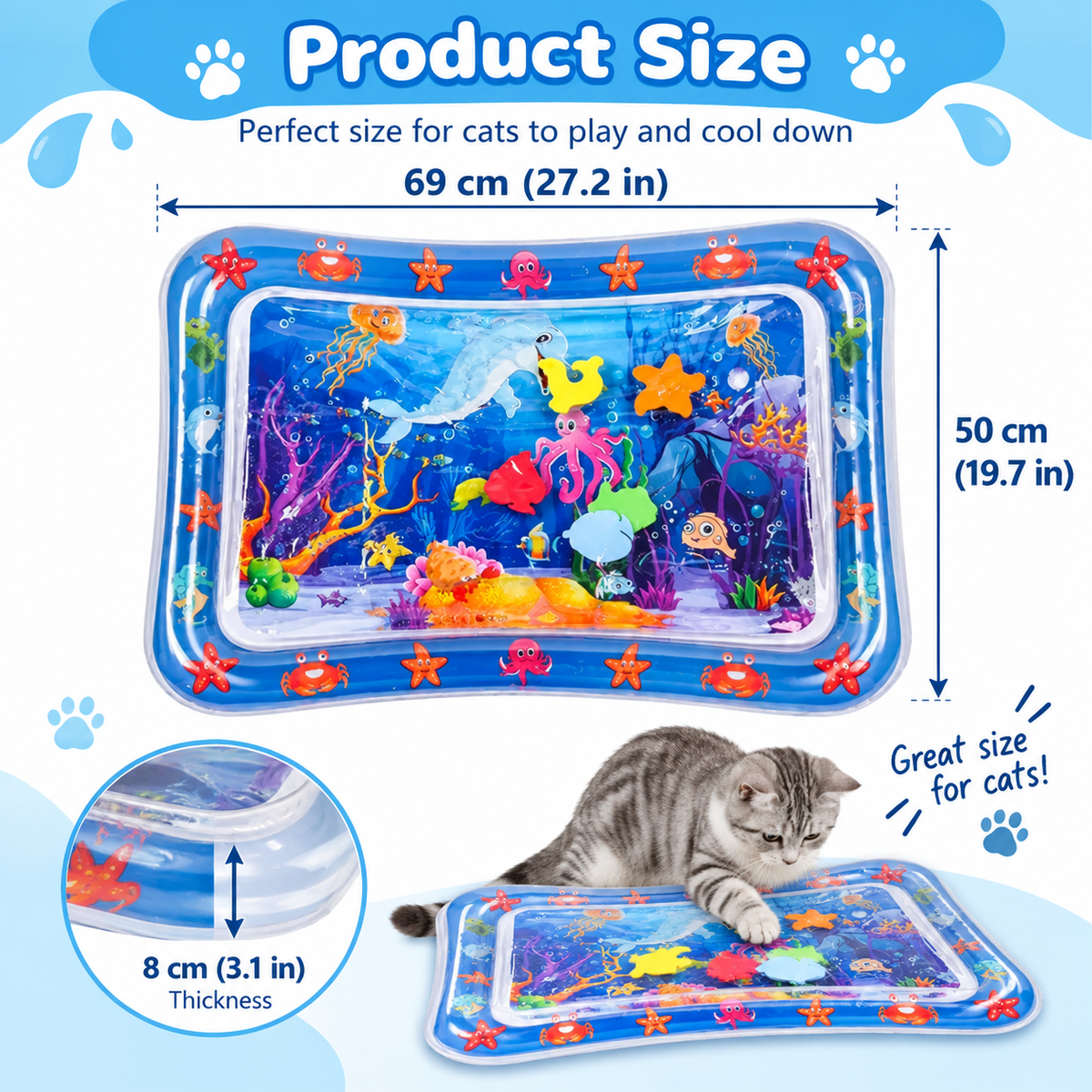 Interactive Cat Cooling Water Mat | Inflatable Summer Play Pad with Floating Toys