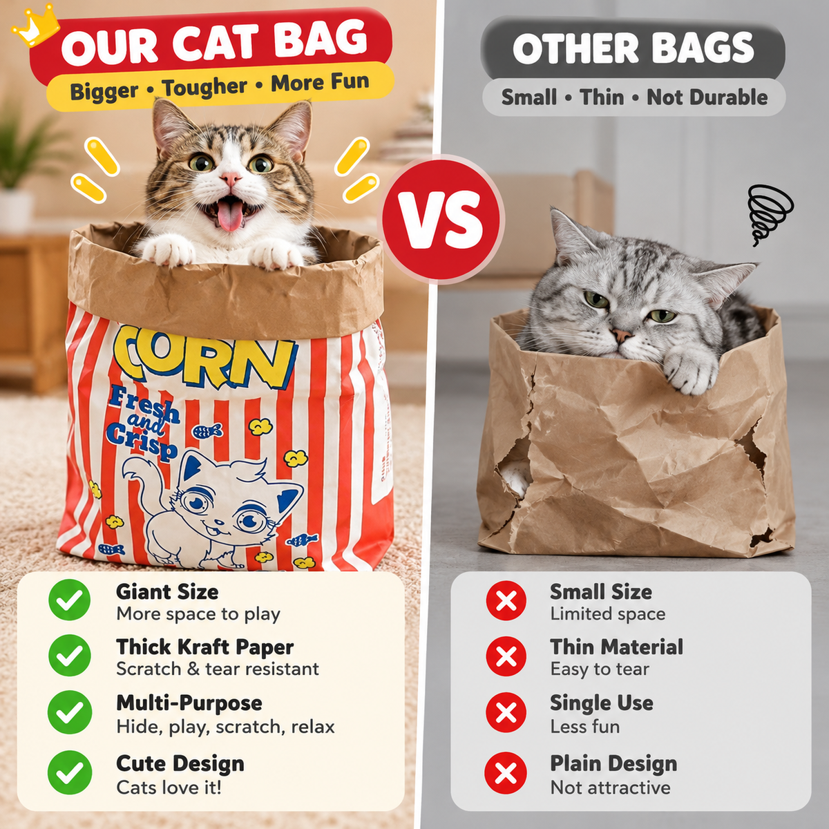 Popcorn-Style Kraft Paper Cat Play Bag for Hiding & Scratching