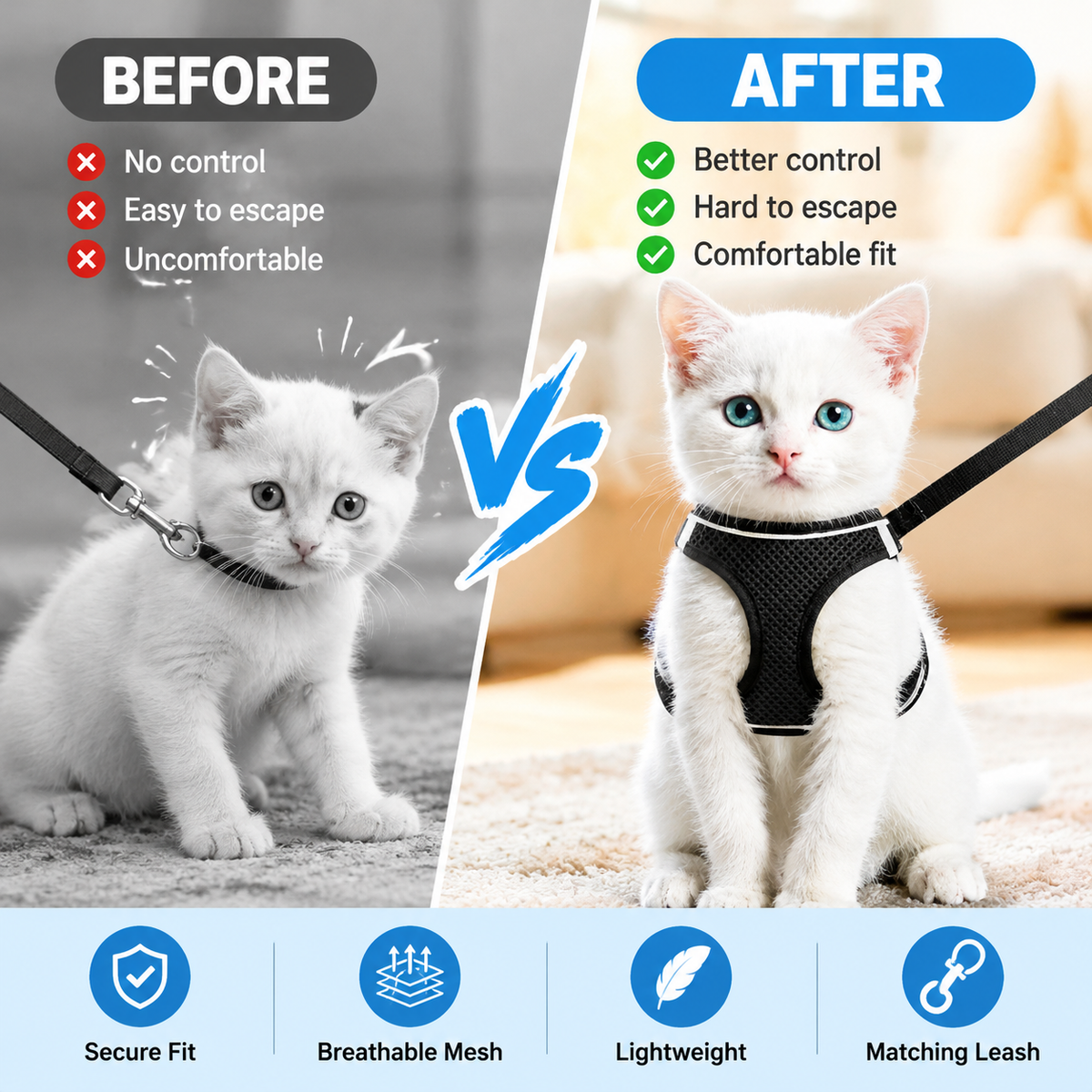 Breathable Mesh Cat Harness & Leash Set with Reflective Trim
