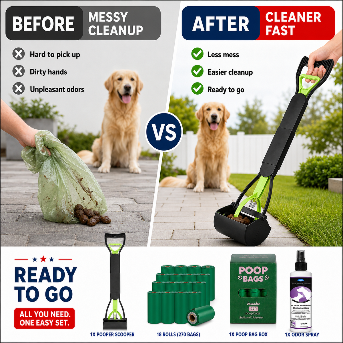 Long-Handle Pooper Scooper Kit with 270 Bags & Odor Spray