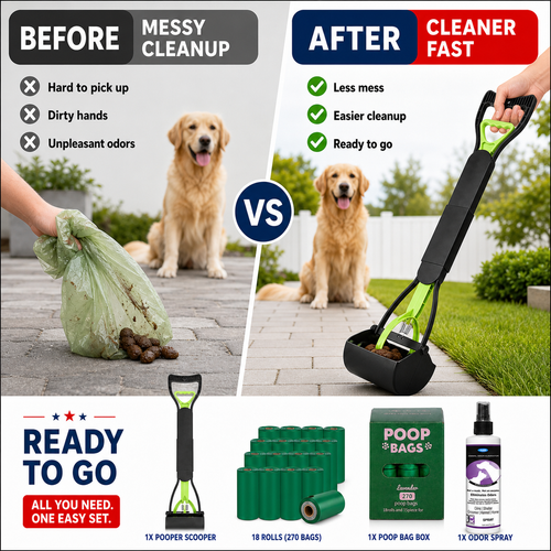 Long-Handle Pooper Scooper Kit with 270 Bags & Odor Spray